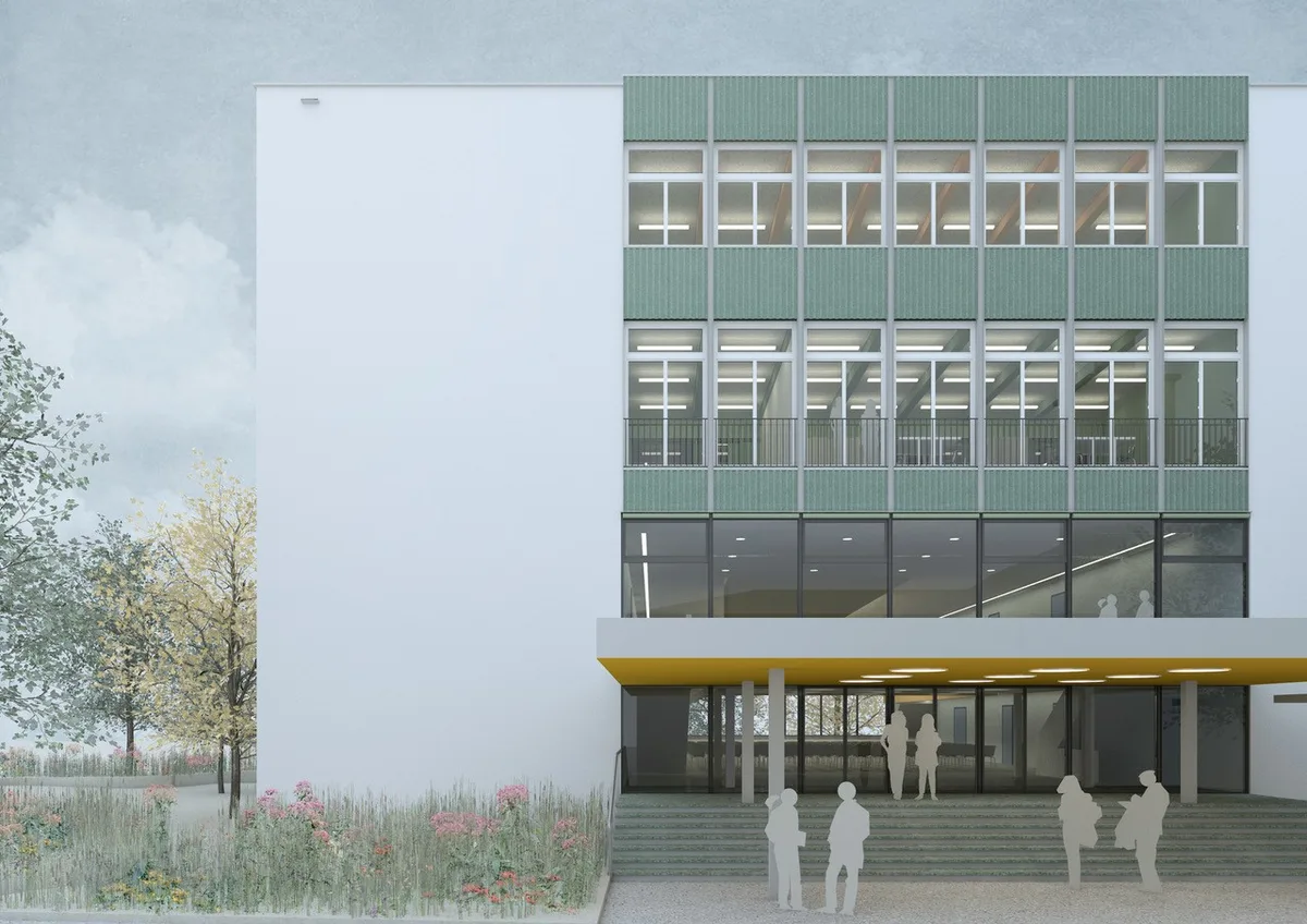 Die Gestaltung des sanierten und erweiterten Schulhauses lehnt sich an der ursprünglichen Architektur an. Man sieht die Animation eines Gebäudes.